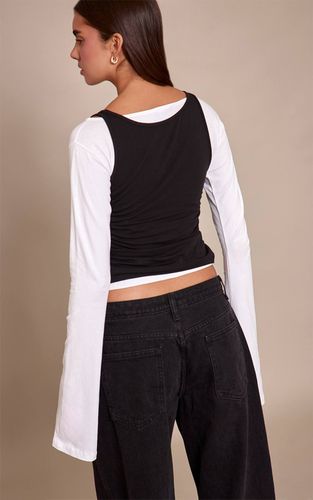 Black Haut À Manches Longues En Coton Avec Détail Superposé | Taille 32 - PrettyLittleThing - Modalova