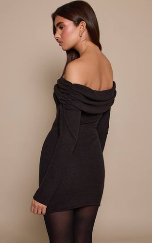 Black Robe Moulante Côtelée Brossée À Détails Bordés Et Encolure Bardot | Taille 42 - PrettyLittleThing - Modalova