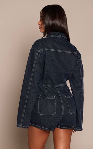 Indigo Combinaison-short Petite En Denim Brut Indigo À Manches Longues | Taille 32 - PrettyLittleThing - Modalova
