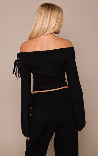Black Haut Tricoté Bardot À Détail Noué Avec Col Rabattu | Taille XS - PrettyLittleThing - Modalova