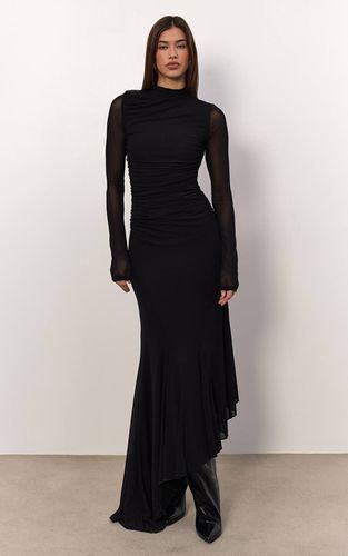 Black Robe Longue Moulante En Mesh À Manches Longues Col Montant Et Détails Froncés | Taille 42 - PrettyLittleThing - Modalova