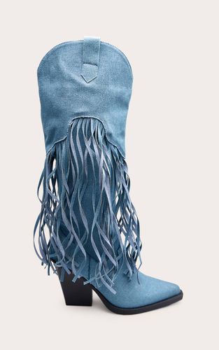 Denim Bottes Montantes À Franges Et Talon Cubain | Taille 33 - PrettyLittleThing - Modalova