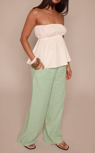 Green Pantalon Petite À Rayures Aspect Lin Taille Élastiquée | Taille 32 - PrettyLittleThing - Modalova
