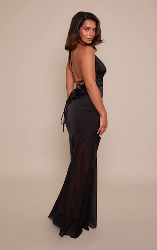 Black Robe Longue En Satin Avec Empiècements En Résille Et Dos Noué | Taille 32 - PrettyLittleThing - Modalova