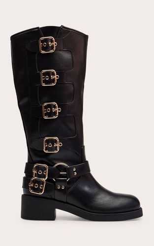 Black Bottes Hautes En Synthétiquecuir Avec Détails À Boucles | Taille 33 - PrettyLittleThing - Modalova