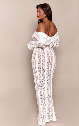 White Robe Maxi En Dentelle À Manches Longues Et Col Bardot Ajustée | Taille 34 - PrettyLittleThing - Modalova