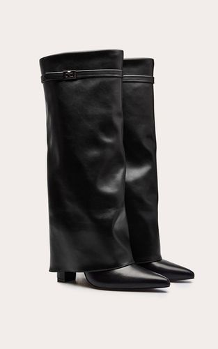 Black Botte Haute À Talon Bloc En Synthétique Mat À Bout Pointu Avec Revers | Taille 33 - PrettyLittleThing - Modalova