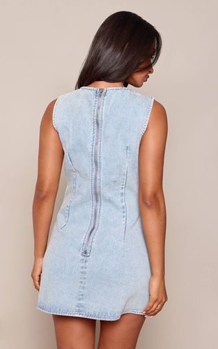 Robe Courte En Denim Bleu Moyen Asymétrique Avec Détail Nœud Petite | Taille 36 - PrettyLittleThing - Modalova