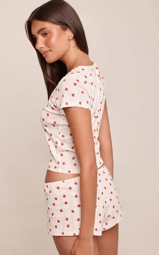 White Haut De Pyjama À Manches Courtes En Pointelle Motif Fraise | Taille Medium - PrettyLittleThing - Modalova