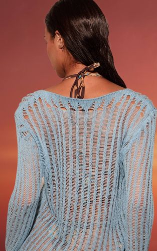 Pale Blue Haut De Plage À Manches Longues En Maille Échelle Avec Ourlet Fendu | Taille XS - PrettyLittleThing - Modalova