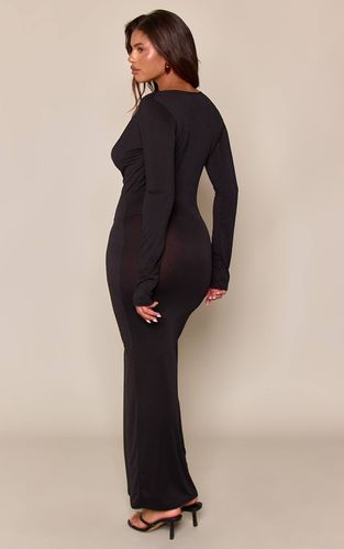 Black Robe Mi-longue Ajustée À Manches Longues Avec Décolleté Plongeant Drapé En Mesh Sculptant | Taille 42 - PrettyLittleThing - Modalova