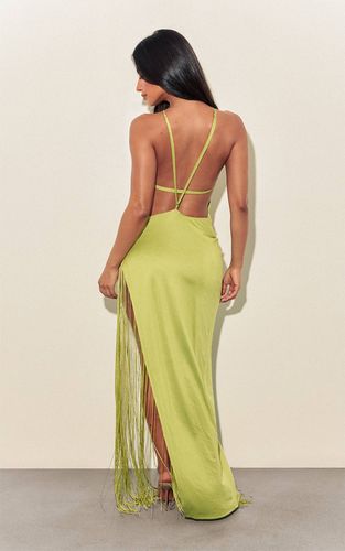 Olive Robe Longue Tissée À Fente Asymétrique Et Franges | Taille 40 - PrettyLittleThing - Modalova