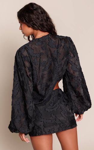 Black Robe Courte En Jacquard Tissé À Épaules Bouffantes, Manches Longues Et Découpe | Taille 42 - PrettyLittleThing - Modalova