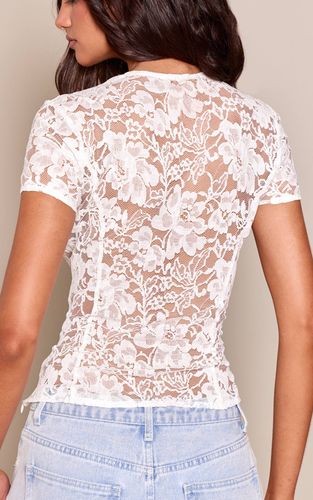White Top À Manches Courtes Avec Détails Découpés En Dentelle | Taille 44 - PrettyLittleThing - Modalova