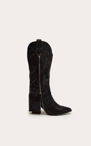 Black Botte Haute À Talon En Synthétique Avec Fermeture Éclair Et Revers Rabattable | Taille 33 - PrettyLittleThing - Modalova