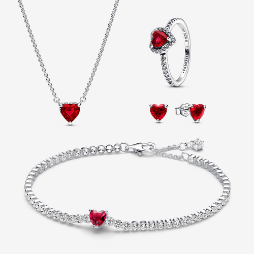 Parure Bague, Bracelet, Collier et Clous d’Oreilles Cœur Rouge - Pandora - Modalova