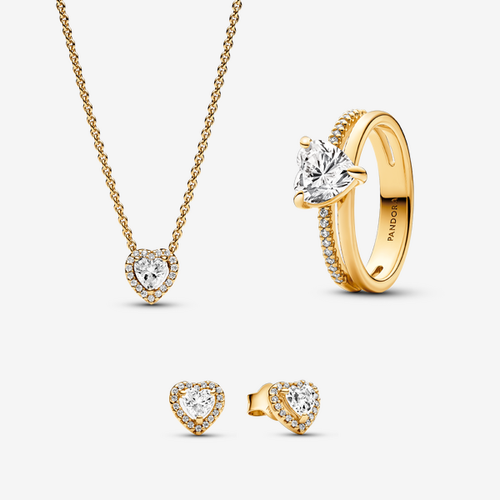 Parure Dorée à l'Or Bague, Collier et Clous d'Oreilles Cœur Scintillant - Pandora - Modalova