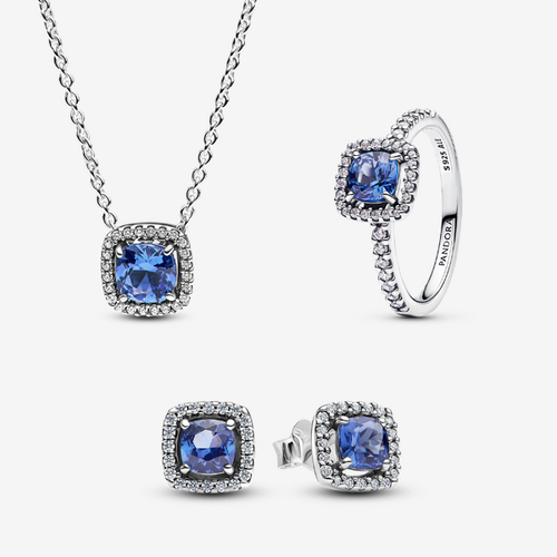 Parure Bague, Collier & Clous d'Oreilles Halo Bleu Carré Scintillant - Pandora - Modalova