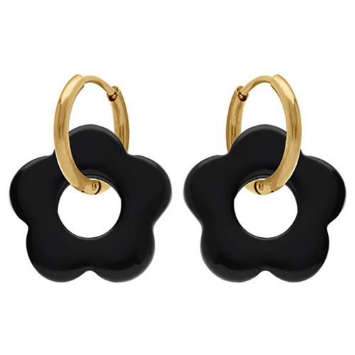 Boucles oreilles Créoles acier doré fleur résine noire 15 mm - Brillaxis - Modalova