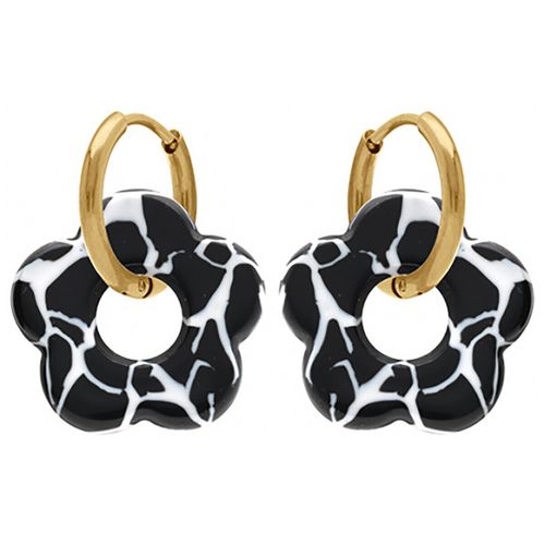Boucles oreilles Créoles acier doré 15 mm fleur résine noire/blanche - Brillaxis - Modalova