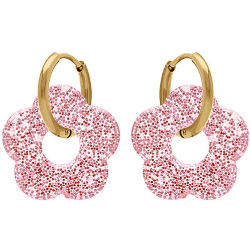 Boucles oreilles Créoles acier doré 15 mm fleur résine rose pailletée - Brillaxis - Modalova