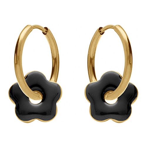 Boucles oreilles Créoles acier doré 20 mm fleur laque noire - Brillaxis - Modalova