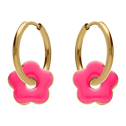 Boucles oreilles Créoles acier doré 20 mm fleur laque fuchsia - Brillaxis - Modalova