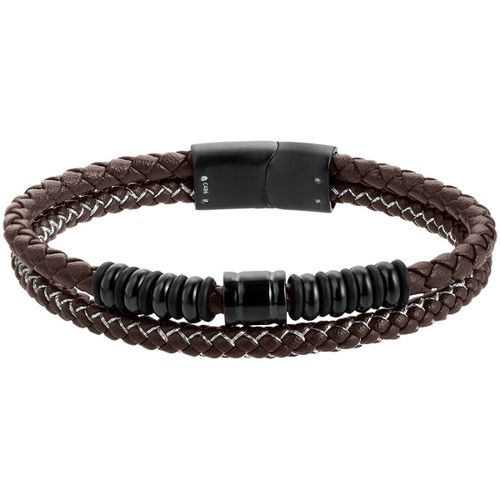 Bracelets Bracelet cuir marron 2 rangs acier noir - Lotus - Modalova