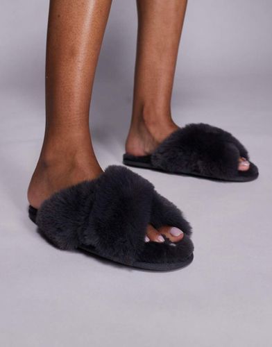 Chaussons duveteux Ã  brides croisÃ©es et broderie caur - Anthracite-Gris Gris 5-6 female - Boux Avenue - Modalova