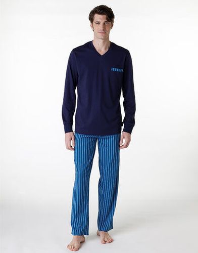 Pyjama long à col en V en jersey bleu marine Bleu XL - Lovable - Modalova