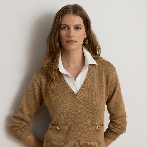 Petite - Pull superposé bordure boutonnée coton - Lauren Petite - Modalova