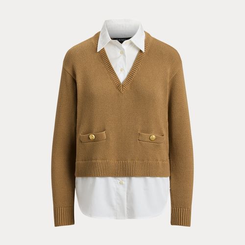 Petite - Pull superposé bordure boutonnée coton - Lauren Petite - Modalova