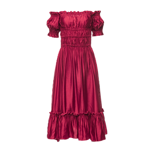 Evita Ruched Silk Linen Midi Dress in Rasberry Pink - Vasiliki - Modalova