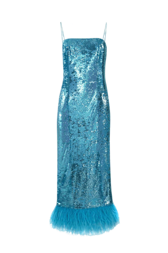 Blue Sequined Midi Dress with Feathers - F.ILKK - Modalova