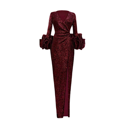 LONG WINE RED SEQUIN WRAP DRESS WITH STATEMENT SLEEVES - ANITABEL - Modalova
