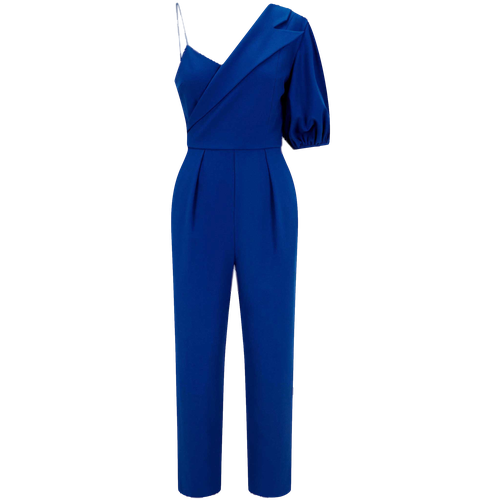 Peak Lapel Puff Sleeve Crepe Jumpsuit (Royal Blue) - Femponiq - Modalova
