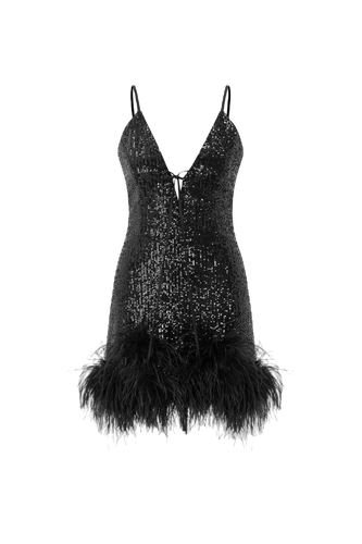 Tulip - V Neck Mini Sequin Dress With Feather Trim - ILA - Modalova