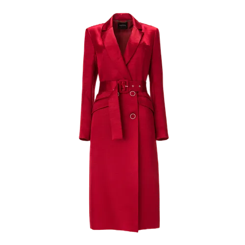 Belted midi trench coat in red satin blend - Lita Couture - Modalova