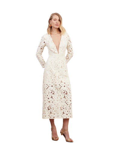 MEERA white lace fabric V neck midi wedding dress - UNDRESS - Modalova