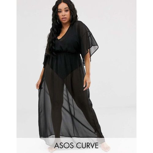 Asos Design Curve Robe De Plage Longue à Manches Kimono En Mousseline Recyclée Nouée Au Dos