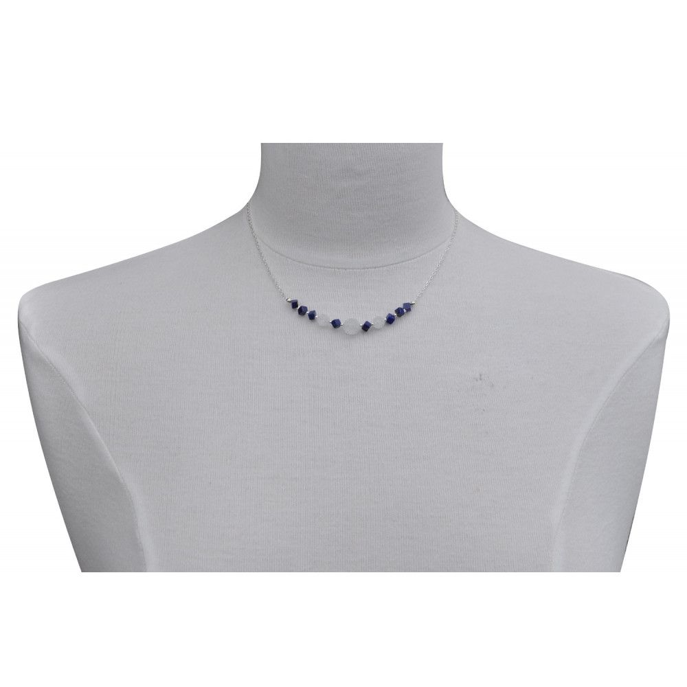 Collier Chaine Argent Cubes de Lapis Lazuli et Perles Cristal d - LES POULETTES BIJOUX - Modalova