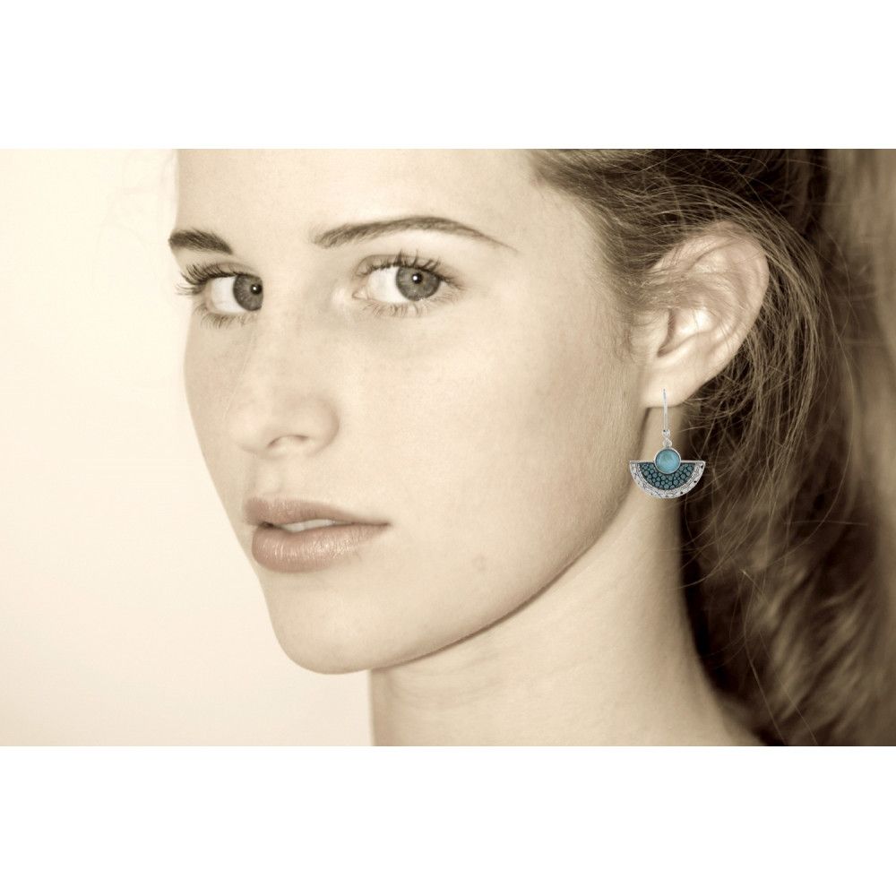 Boucles d'Oreilles Argent Eventail de Cuir et Perle de Larimar - LES POULETTES BIJOUX - Modalova