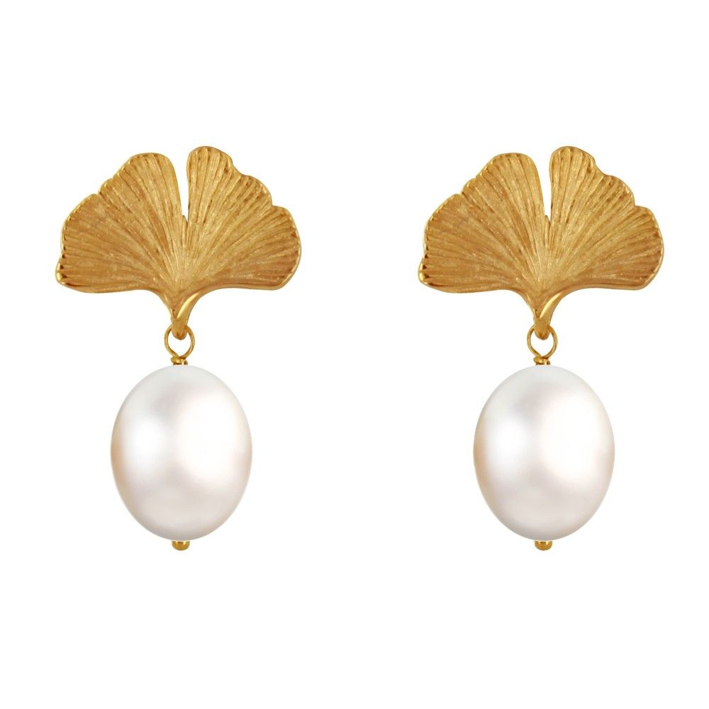 Boucles d'Oreilles Clous Plaqué Or Feuille de Ginkgo et Perle B - LES POULETTES BIJOUX - Modalova