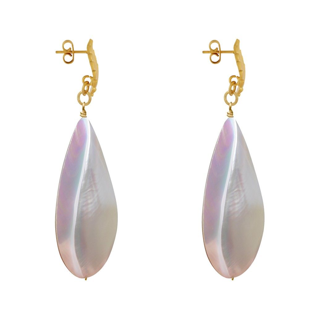Boucles d'Oreilles Clous Laiton Feuille et Grande Goutte de Nac - LES POULETTES BIJOUX - Modalova