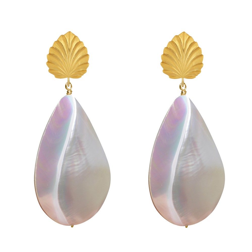 Boucles d'Oreilles Clous Laiton Feuille et Grande Goutte de Nac - LES POULETTES BIJOUX - Modalova