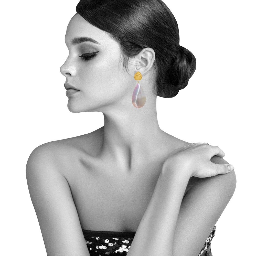 Boucles d'Oreilles Clous Laiton Feuille et Grande Goutte de Nac - LES POULETTES BIJOUX - Modalova