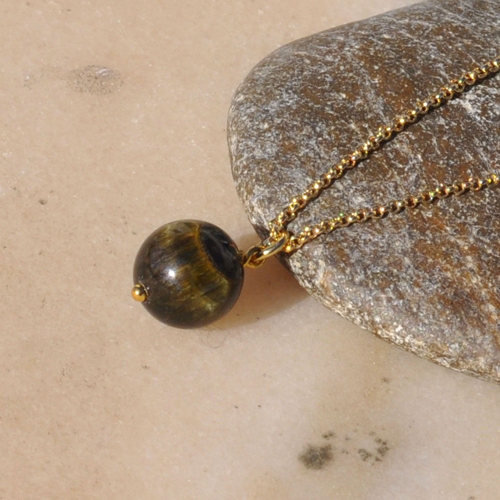 Collier Plaqué Or Pendentif Perle Oeil de Tigre - LES POULETTES BIJOUX - Modalova