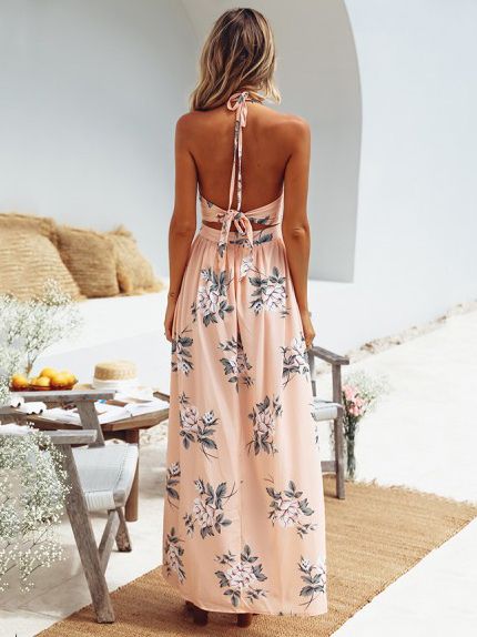 Robe longue dos nu en mousseline à imprimé floral - Robe fendue et découpée - Vacances d'été à la plage 2026 - milanoo.com - Modalova