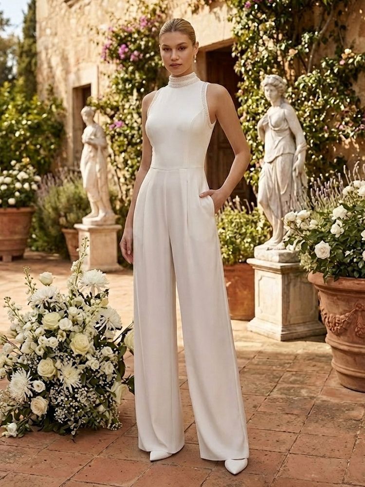 Combinaison de mariée dos nu en crêpe extensible et dentelle longue jusqu'au sol sans manches robe de mariée civile - milanoo.com - Modalova