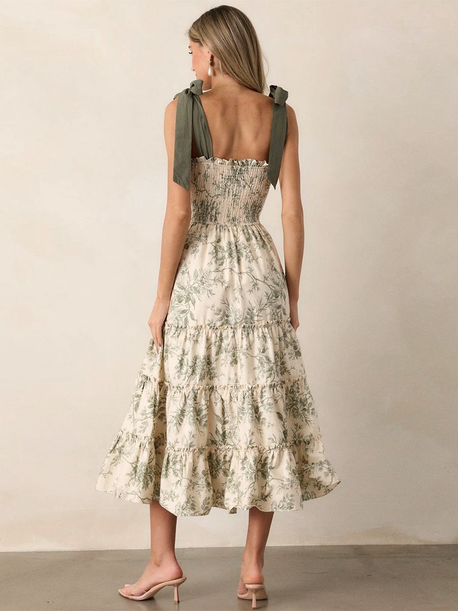 Robe midi fleurie à smocks - Robe d'été sauge bohème à épaules dénudées et volants étagés - Idéale pour les vacances d'été à la plage 20 - milanoo.com - Modalova